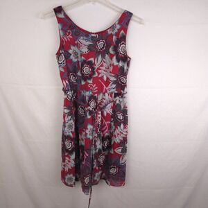 Talbots Women Size 8P Sleeveless Red Floral A-Line Dress‎ Tie Waist Garden Party
